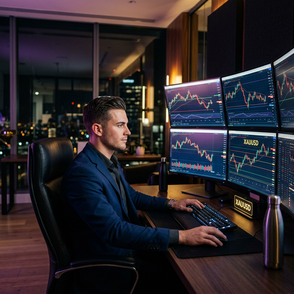 Trader profesional operando XAUUSD frente a varios monitores por la noche