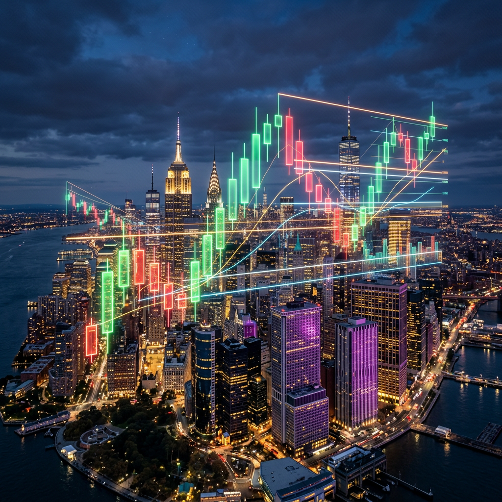 Skyline de Nueva York con velas japonesas de trading en modo HUD, representando las sesiones de Londres y Nueva York